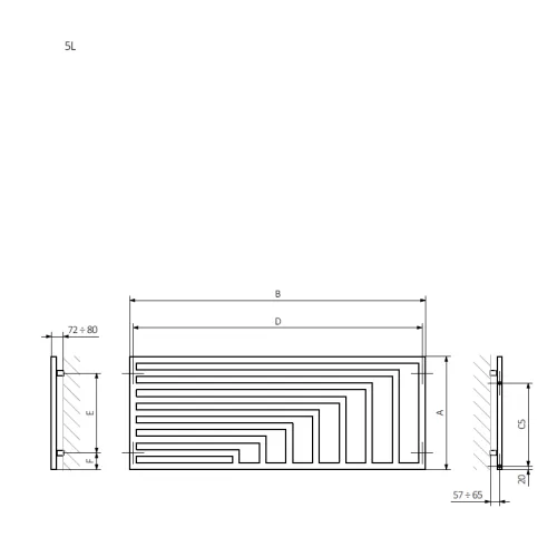 A – wysokość &nbsp;B – szerokość &nbsp;C1-C5 – rozstaw podłączeń &nbsp;D – rozstaw mocowań w poziomie &nbsp;E – rozstaw mocowań w pionie F – odległość od dolnej osi mocowań do dolnej krawędzi kolektora