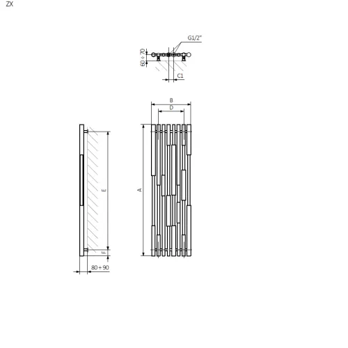 <p>A – wysokość &nbsp;B – szerokość &nbsp;C1-C5 – rozstaw podłączeń &nbsp;D – rozstaw mocowań w poziomie &nbsp;E – rozstaw mocowań w pionie&nbsp; &nbsp; &nbsp;F – odległość od dolnej osi mocowań do dolnej krawędzi kolektora</p>
