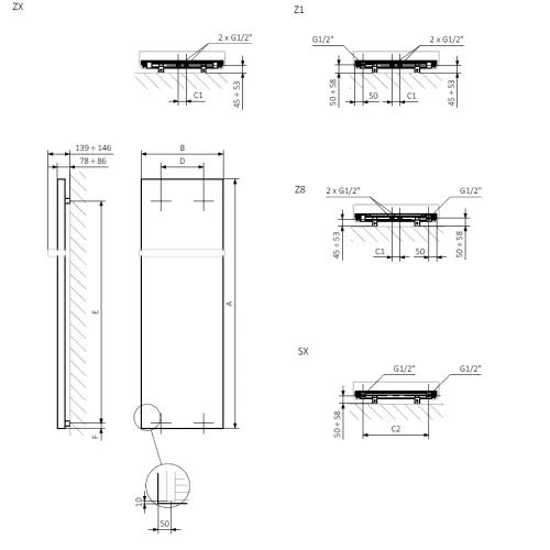 <p>A – wysokość &nbsp;B – szerokość &nbsp;C1-C5 – rozstaw podłączeń &nbsp;D – rozstaw mocowań w poziomie &nbsp;E – rozstaw mocowań w pionie&nbsp; &nbsp; F – odległość od dolnej osi mocowań do dolnej krawędzi kolektora</p>
