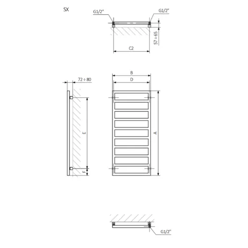 <p>A – wysokość &nbsp;B – szerokość &nbsp;C1-C5 – rozstaw podłączeń &nbsp;D – rozstaw mocowań w poziomie &nbsp;E – rozstaw mocowań w pionie F – odległość od dolnej osi mocowań do dolnej krawędzi kolektora</p>