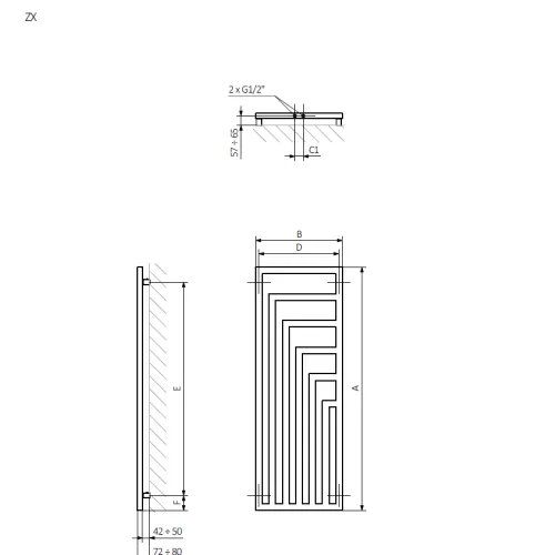 A – wysokość &nbsp;B – szerokość &nbsp;C1-C5 – rozstaw podłączeń &nbsp;D – rozstaw mocowań w poziomie &nbsp;E – rozstaw mocowań w pionie F – odległość od dolnej osi mocowań do dolnej krawędzi kolektora
