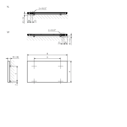 <p>A – wysokość &nbsp;B – szerokość &nbsp;C1-C5 – rozstaw podłączeń &nbsp;D – rozstaw mocowań w poziomie &nbsp;E – rozstaw mocowań w pionie&nbsp; &nbsp; F – odległość od dolnej osi mocowań do dolnej krawędzi kolektora</p>