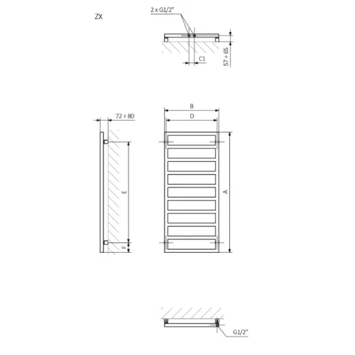 <p>A – wysokość &nbsp;B – szerokość &nbsp;C1-C5 – rozstaw podłączeń &nbsp;D – rozstaw mocowań w poziomie &nbsp;E – rozstaw mocowań w pionie F – odległość od dolnej osi mocowań do dolnej krawędzi kolektora</p>