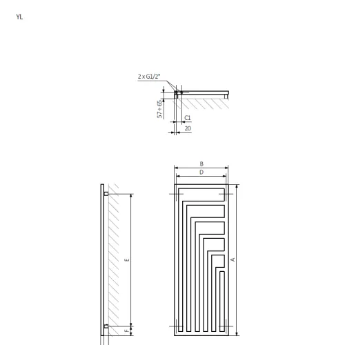 A – wysokość &nbsp;B – szerokość &nbsp;C1-C5 – rozstaw podłączeń &nbsp;D – rozstaw mocowań w poziomie &nbsp;E – rozstaw mocowań w pionie F – odległość od dolnej osi mocowań do dolnej krawędzi kolektora