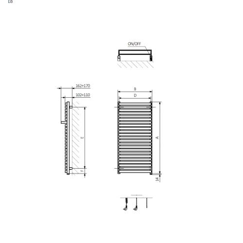 <p>A – wysokość &nbsp;B – szerokość&nbsp; &nbsp; &nbsp;D – rozstaw mocowań w poziomie &nbsp;E – rozstaw mocowań w pionie&nbsp; &nbsp; F – odległość od dolnej osi mocowań do dolnej krawędzi kolektora</p>
