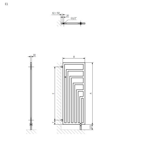 <p>A – wysokość &nbsp;B – szerokość &nbsp;C1-C5 – rozstaw podłączeń &nbsp;D – rozstaw mocowań w poziomie &nbsp;E – rozstaw mocowań w pionie&nbsp; &nbsp;  F  –  odległość od dolnej osi mocowań do dolnej krawędzi kolektora</p>
