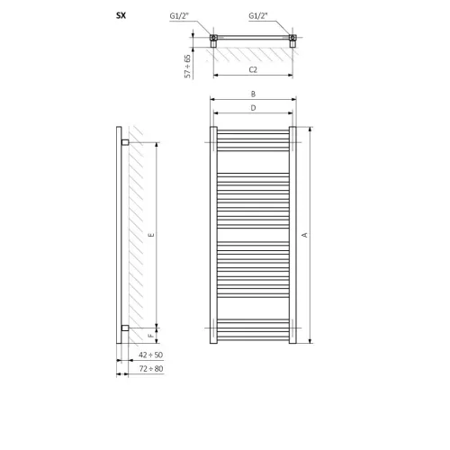 <p>A – wysokość &nbsp;B – szerokość &nbsp;C1-C5 – rozstaw podłączeń &nbsp;D – rozstaw mocowań w poziomie &nbsp;E – rozstaw mocowań w pionie F – odległość od dolnej osi mocowań do dolnej krawędzi kolektora</p>