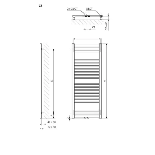 <p>A – wysokość &nbsp;B – szerokość &nbsp;C1-C5 – rozstaw podłączeń &nbsp;D – rozstaw mocowań w poziomie &nbsp;E – rozstaw mocowań w pionie F – odległość od dolnej osi mocowań do dolnej krawędzi kolektora</p>