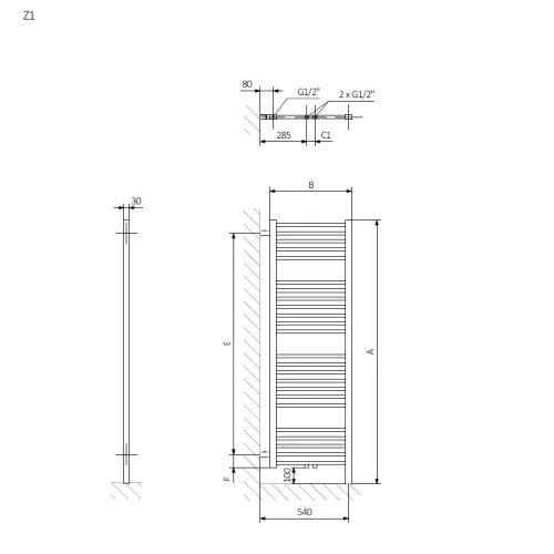 <p>A – wysokość &nbsp;B – szerokość &nbsp;C1-C5 – rozstaw podłączeń &nbsp;D – rozstaw mocowań w poziomie &nbsp;E – rozstaw mocowań w pionie F – odległość od dolnej osi mocowań do dolnej krawędzi kolektora</p>