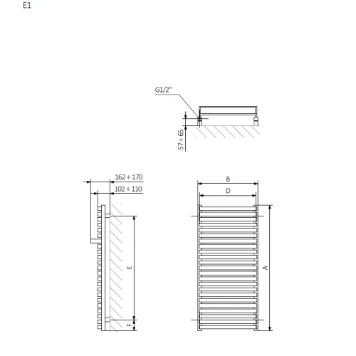 <p>A – wysokość  B – szerokość  C1-C5 – rozstaw podłączeń  D – rozstaw mocowań w poziomie  E – rozstaw mocowań w pionie  F  –  odległość od dolnej osi mocowań do dolnej krawędzi kolektora</p>