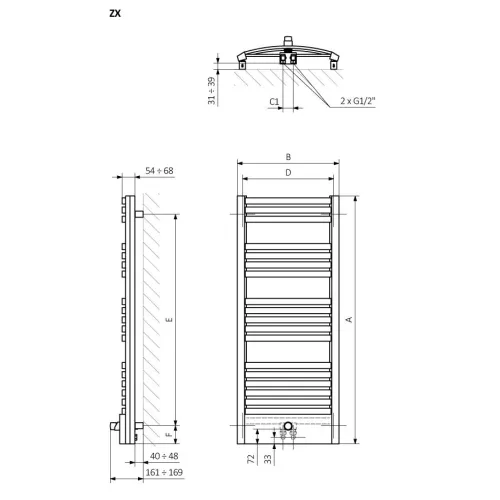 <p>A – wysokość &nbsp;B – szerokość &nbsp;C1-C5 – rozstaw podłączeń &nbsp;D – rozstaw mocowań w poziomie &nbsp;E – rozstaw mocowań w pionie F – odległość od dolnej osi mocowań do dolnej krawędzi kolektora</p>