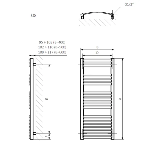 <p>A – wysokość  B – szerokość  C1-C5 – rozstaw podłączeń  D – rozstaw mocowań w poziomie  E – rozstaw mocowań w pionie  F  –  odległość od dolnej osi mocowań do dolnej krawędzi kolektora</p>