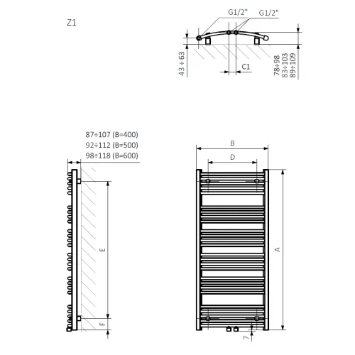 <p>A – wysokość B – szerokość C1-C5 – rozstaw podłączeń D – rozstaw mocowań w poziomie E – rozstaw mocowań w pionie F – odległość od dolnej osi mocowań do dolnej krawędzi kolektora</p>