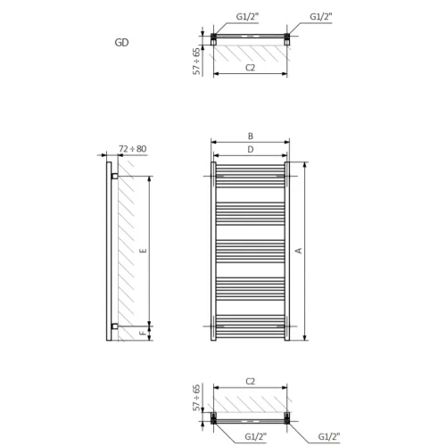 <p>A – wysokość &nbsp;B – szerokość &nbsp;C1-C5 – rozstaw podłączeń &nbsp;D – rozstaw mocowań w poziomie &nbsp;E – rozstaw mocowań w pionie F – odległość od dolnej osi mocowań do dolnej krawędzi kolektora</p>