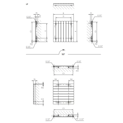 <p>A – wysokość &nbsp;B – szerokość &nbsp;C1-C5 – rozstaw podłączeń &nbsp;D – rozstaw mocowań w poziomie &nbsp;E – rozstaw mocowań w pionie F – odległość od dolnej osi mocowań do dolnej krawędzi kolektora</p>