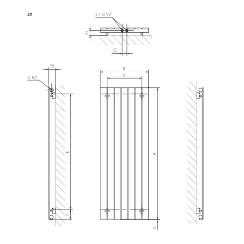 <p>A – wysokość &nbsp;B – szerokość &nbsp;C1-C5 – rozstaw podłączeń &nbsp;D – rozstaw mocowań w poziomie &nbsp;E – rozstaw mocowań w pionie F – odległość od dolnej osi mocowań do dolnej krawędzi kolektora</p>