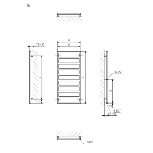 <p>A – wysokość &nbsp;B – szerokość &nbsp;C1-C5 – rozstaw podłączeń &nbsp;D – rozstaw mocowań w poziomie &nbsp;E – rozstaw mocowań w pionie F – odległość od dolnej osi mocowań do dolnej krawędzi kolektora</p>