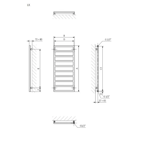 <p>A – wysokość &nbsp;B – szerokość &nbsp;C1-C5 – rozstaw podłączeń &nbsp;D – rozstaw mocowań w poziomie &nbsp;E – rozstaw mocowań w pionie F – odległość od dolnej osi mocowań do dolnej krawędzi kolektora</p>