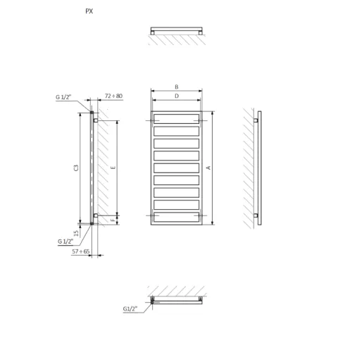<p>A – wysokość &nbsp;B – szerokość &nbsp;C1-C5 – rozstaw podłączeń &nbsp;D – rozstaw mocowań w poziomie &nbsp;E – rozstaw mocowań w pionie F – odległość od dolnej osi mocowań do dolnej krawędzi kolektora</p>