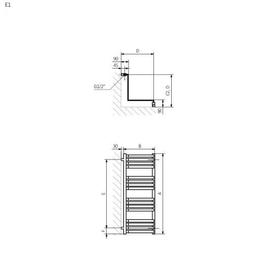 <p>A – wysokość &nbsp;B – szerokość &nbsp;C1-C5 – rozstaw podłączeń &nbsp;D – rozstaw mocowań w poziomie &nbsp;E – rozstaw mocowań w pionie F – odległość od dolnej osi mocowań do dolnej krawędzi kolektora</p>