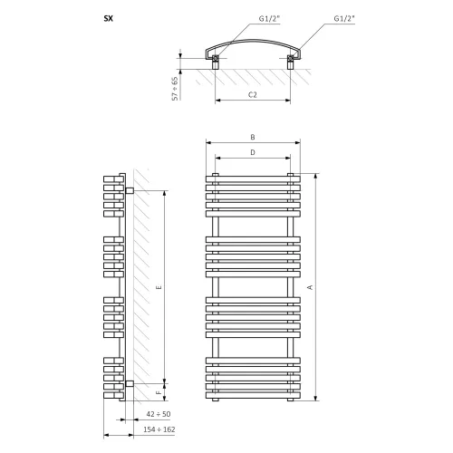 <p>A – wysokość &nbsp;B – szerokość &nbsp;C1-C5 – rozstaw podłączeń &nbsp;D – rozstaw mocowań w poziomie &nbsp;E – rozstaw mocowań w pionie F – odległość od dolnej osi mocowań do dolnej krawędzi kolektora</p>