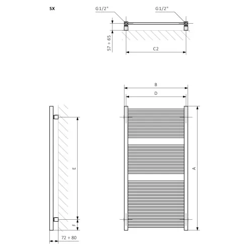 <p>A – wysokość &nbsp;B – szerokość &nbsp;C1-C5 – rozstaw podłączeń &nbsp;D – rozstaw mocowań w poziomie &nbsp;E – rozstaw mocowań w pionie F – odległość od dolnej osi mocowań do dolnej krawędzi kolektora</p>
