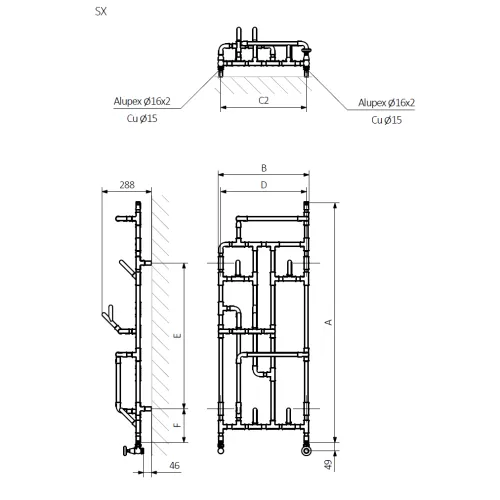 <p>A – wysokość &nbsp;B – szerokość &nbsp;C1-C5 – rozstaw podłączeń &nbsp;D – rozstaw mocowań w poziomie &nbsp;E – rozstaw mocowań w pionie F – odległość od dolnej osi mocowań do dolnej krawędzi kolektora</p>