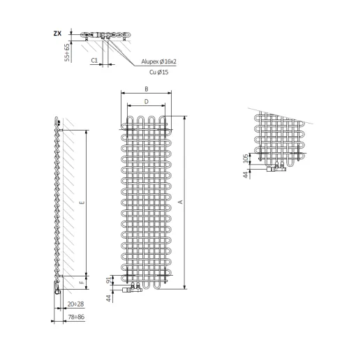 <p>A – wysokość &nbsp;B – szerokość &nbsp;C1-C5 – rozstaw podłączeń &nbsp;D – rozstaw mocowań w poziomie &nbsp;E – rozstaw mocowań w pionie F – odległość od dolnej osi mocowań do dolnej krawędzi kolektora</p>
