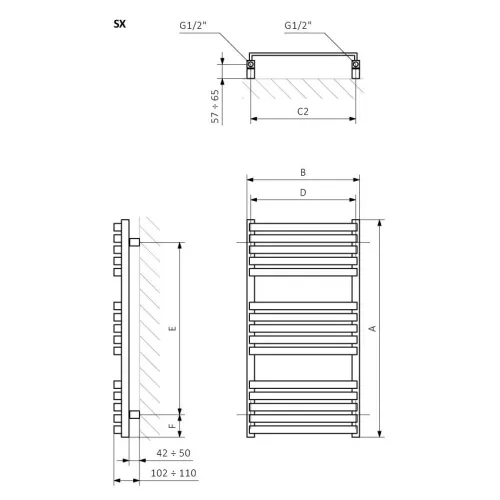 <p>A – wysokość &nbsp;B – szerokość &nbsp;C1-C5 – rozstaw podłączeń &nbsp;D – rozstaw mocowań w poziomie &nbsp;E – rozstaw mocowań w pionie F – odległość od dolnej osi mocowań do dolnej krawędzi kolektora</p>