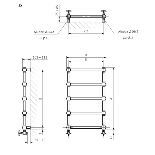 <p>A – wysokość &nbsp;B – szerokość &nbsp;C1-C5 – rozstaw podłączeń &nbsp;D – rozstaw mocowań w poziomie &nbsp;E – rozstaw mocowań w pionie F – odległość od dolnej osi mocowań do dolnej krawędzi kolektora</p>
