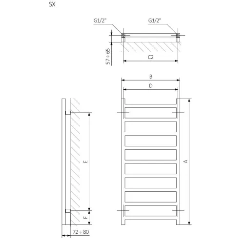<p>A – wysokość &nbsp;B – szerokość &nbsp;C1-C5 – rozstaw podłączeń &nbsp;D – rozstaw mocowań w poziomie &nbsp;E – rozstaw mocowań w pionie F – odległość od dolnej osi mocowań do dolnej krawędzi kolektora</p>