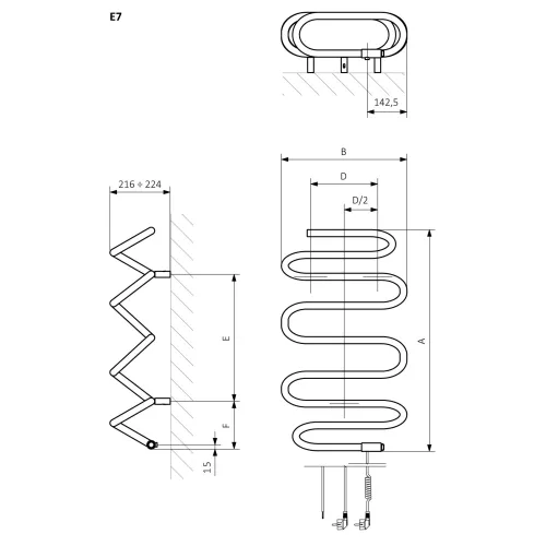 <p>A – wysokość &nbsp;B – szerokość &nbsp;C1-C5 – rozstaw podłączeń &nbsp;D – rozstaw mocowań w poziomie &nbsp;E – rozstaw mocowań w pionie F – odległość od dolnej osi mocowań do dolnej krawędzi kolektora</p>