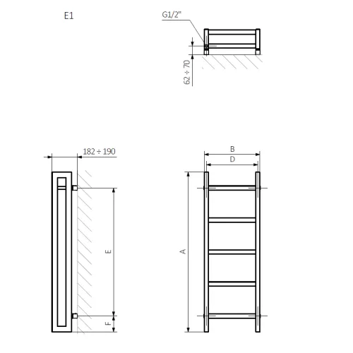 <p>A – wysokość &nbsp;B – szerokość &nbsp;C1-C5 – rozstaw podłączeń &nbsp;D – rozstaw mocowań w poziomie &nbsp;E – rozstaw mocowań w pionie F – odległość od dolnej osi mocowań do dolnej krawędzi kolektora</p>