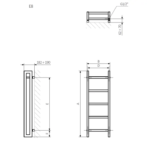 <p>A – wysokość &nbsp;B – szerokość &nbsp;C1-C5 – rozstaw podłączeń &nbsp;D – rozstaw mocowań w poziomie &nbsp;E – rozstaw mocowań w pionie F – odległość od dolnej osi mocowań do dolnej krawędzi kolektora</p>