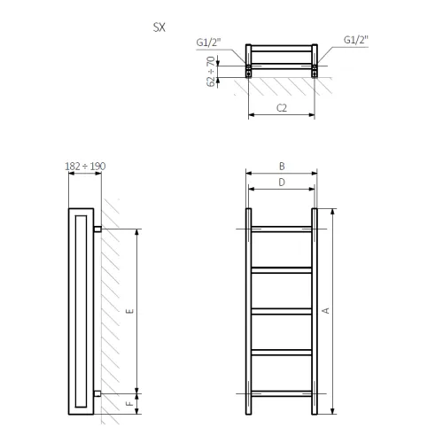 <p>A – wysokość &nbsp;B – szerokość &nbsp;C1-C5 – rozstaw podłączeń &nbsp;D – rozstaw mocowań w poziomie &nbsp;E – rozstaw mocowań w pionie F – odległość od dolnej osi mocowań do dolnej krawędzi kolektora</p>