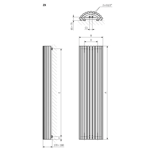 <p>A – wysokość &nbsp;B – szerokość &nbsp;C1-C5 – rozstaw podłączeń &nbsp;D – rozstaw mocowań w poziomie &nbsp;E – rozstaw mocowań w pionie F – odległość od dolnej osi mocowań do dolnej krawędzi kolektora</p>