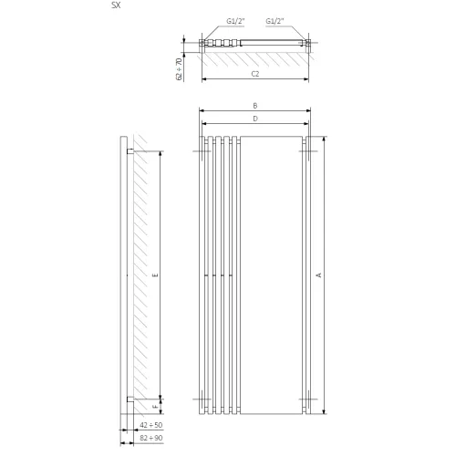 <p>A – wysokość &nbsp;B – szerokość &nbsp;C1-C5 – rozstaw podłączeń &nbsp;D – rozstaw mocowań w poziomie &nbsp;E – rozstaw mocowań w pionie F – odległość od dolnej osi mocowań do dolnej krawędzi kolektora</p>