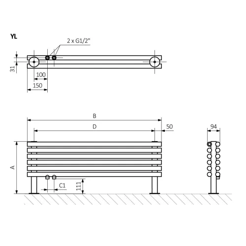 <p>A – wysokość &nbsp;B – szerokość &nbsp;C1-C5 – rozstaw podłączeń &nbsp;D – rozstaw mocowań w poziomie &nbsp;E – rozstaw mocowań w pionie F – odległość od dolnej osi mocowań do dolnej krawędzi kolektora</p>