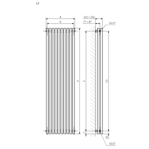 <p>A – wysokość &nbsp;B – szerokość &nbsp;C1-C5 – rozstaw podłączeń &nbsp;D – rozstaw mocowań w poziomie &nbsp;E – rozstaw mocowań w pionie F – odległość od dolnej osi mocowań do dolnej krawędzi kolektora</p>