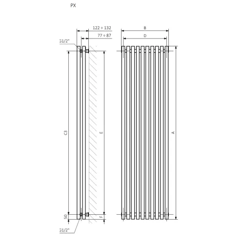 <p>A – wysokość &nbsp;B – szerokość &nbsp;C1-C5 – rozstaw podłączeń &nbsp;D – rozstaw mocowań w poziomie &nbsp;E – rozstaw mocowań w pionie F – odległość od dolnej osi mocowań do dolnej krawędzi kolektora</p>