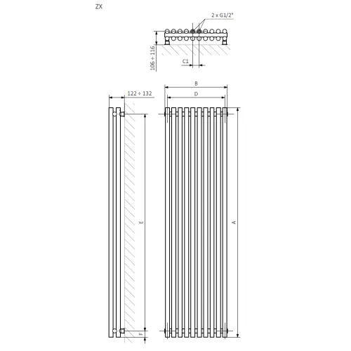 <p>A – wysokość &nbsp;B – szerokość &nbsp;C1-C5 – rozstaw podłączeń &nbsp;D – rozstaw mocowań w poziomie &nbsp;E – rozstaw mocowań w pionie F – odległość od dolnej osi mocowań do dolnej krawędzi kolektora</p>