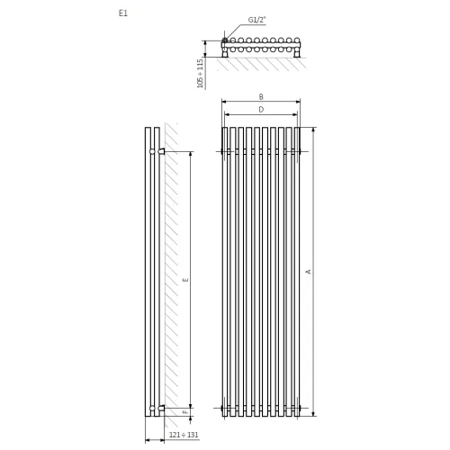 <p>A – wysokość &nbsp;B – szerokość &nbsp;C1-C5 – rozstaw podłączeń &nbsp;D – rozstaw mocowań w poziomie &nbsp;E – rozstaw mocowań w pionie F – odległość od dolnej osi mocowań do dolnej krawędzi kolektora</p>